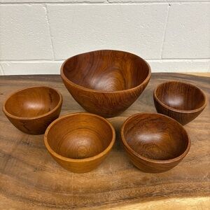 Large Vintage Teak Wood Salad Bowl Set, Mid Century Modern Dining